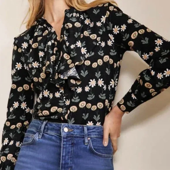 BODEN, Ruffle Front Jersey Shirt Black, US 10 R UK 14 floral new with tags - Picture 6 of 14